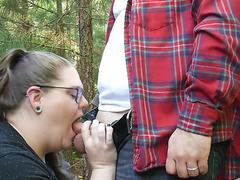 Chubby Nerd Wife Sucks and Swallows in Nature.