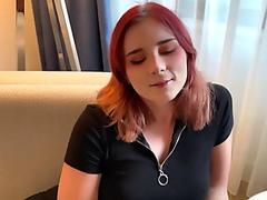 Redhead gets fucked hard and gives a deep blowjob cum in mouth